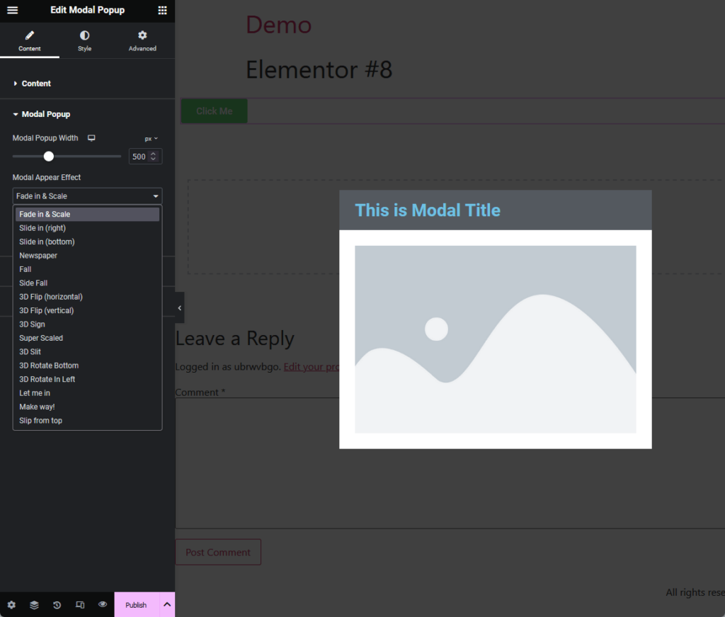 modal popup appear effect for ultimate addons for elementor