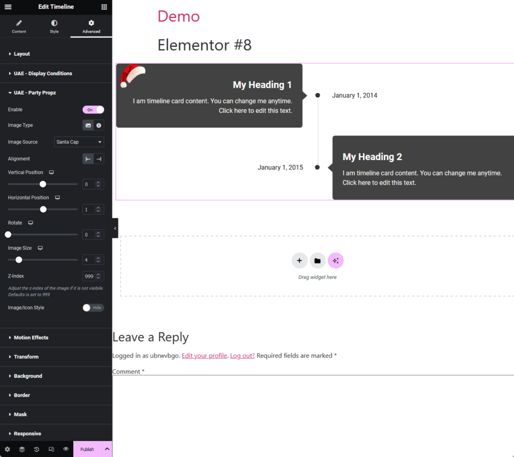 party propz settings for ultimate addons for elementor in the advanced tab