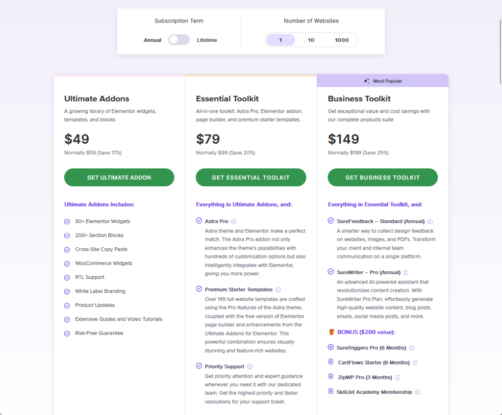 pricing plans for ultimate addons for elementor