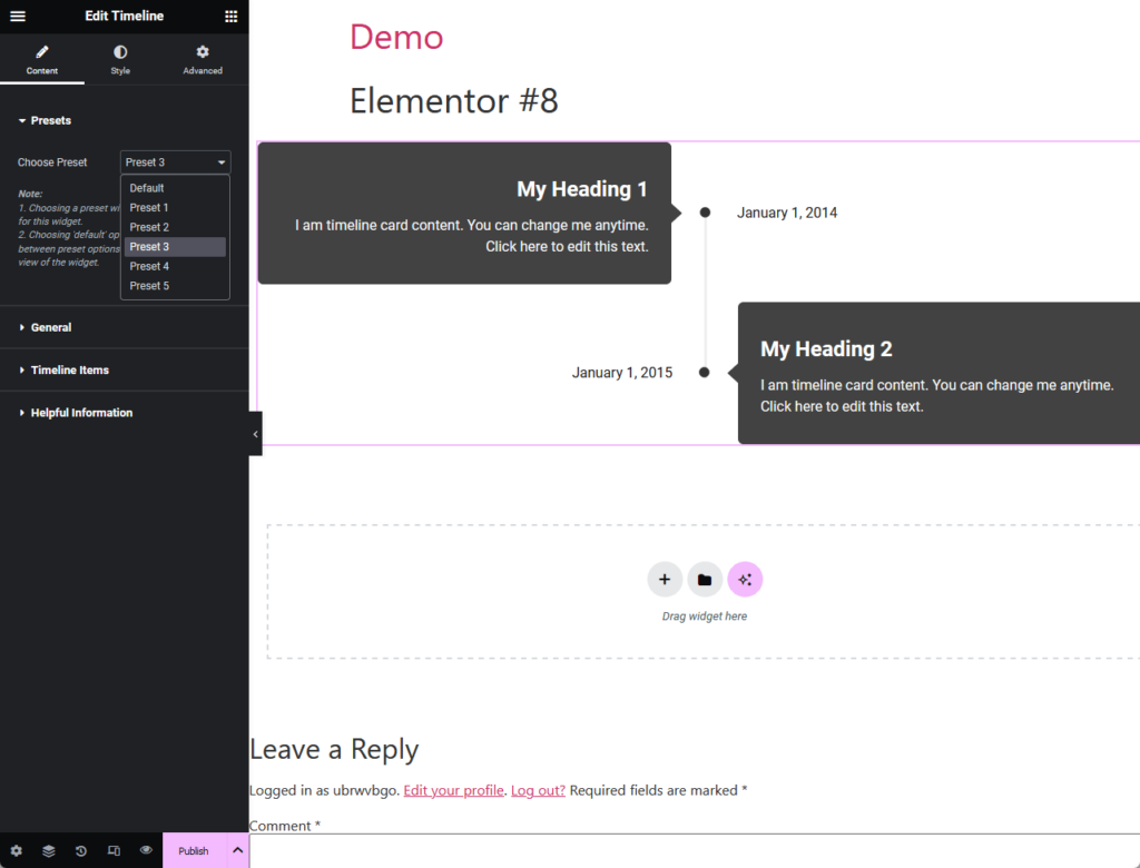 presets available for the timeline widget from ultimate addons for elementor