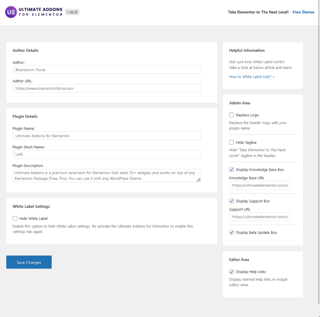 author details, plugin details, and settings for white label for ultimate addons for elementor
