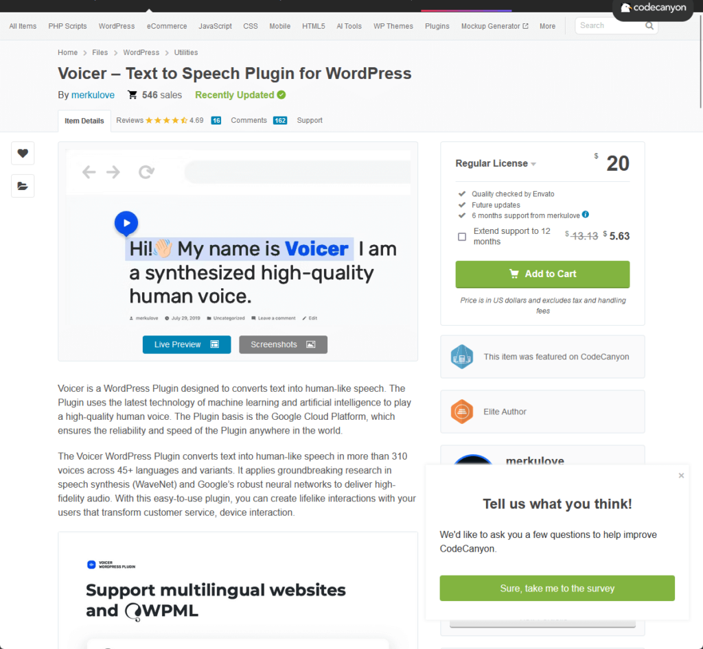 Voicer – Text to Speech Plugin for WordPress by merkulove