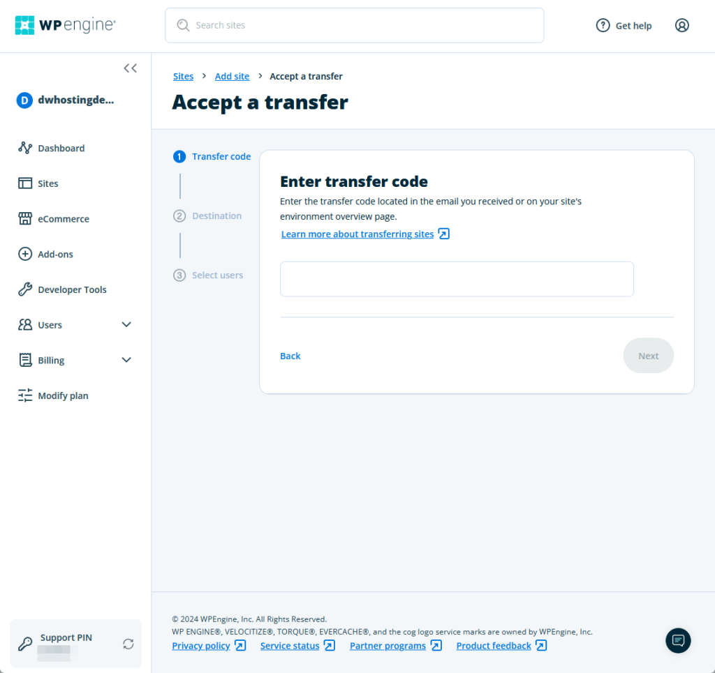 accept a site transfer process in wp engine