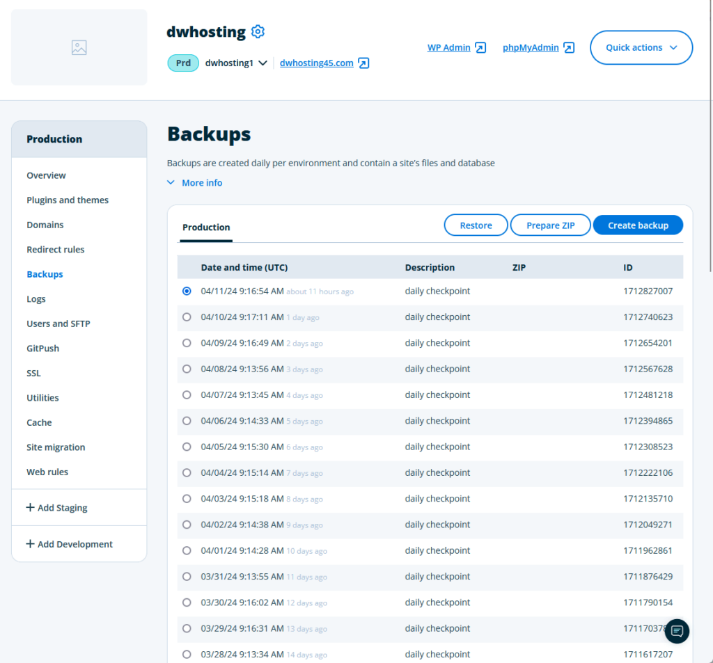 daily backups per environment with site files and database