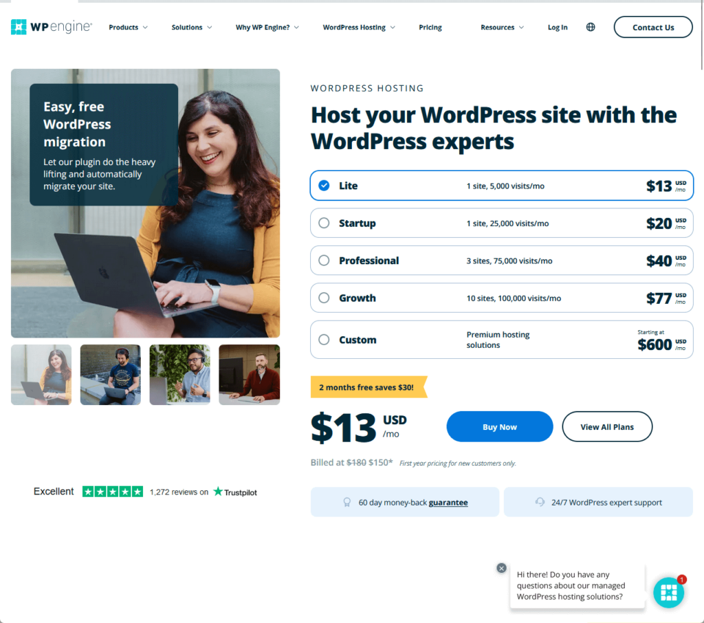 wordpress hosting plans and pricing for wp engine