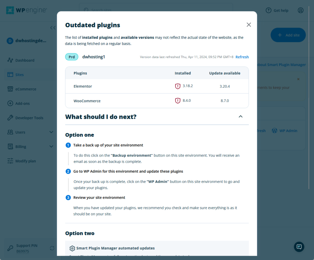 wp engine showing a list of outdated installed plugins