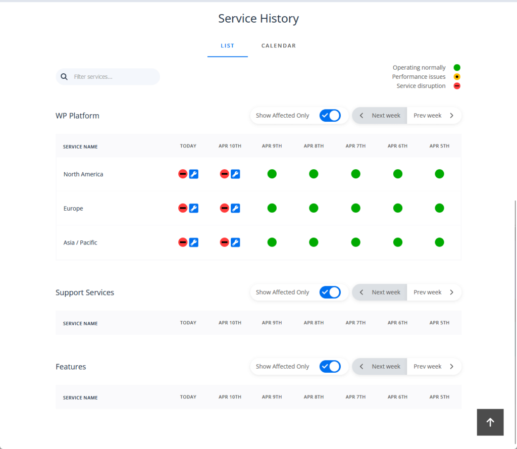 the service history includes a list or a calendar of wp engine’s operation status