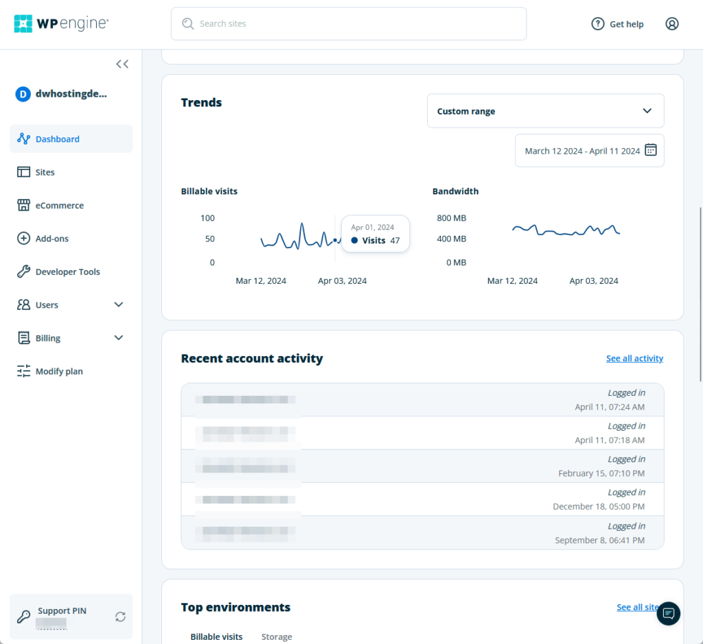 the trends and recent account activity boxes in the wp engine dashboard