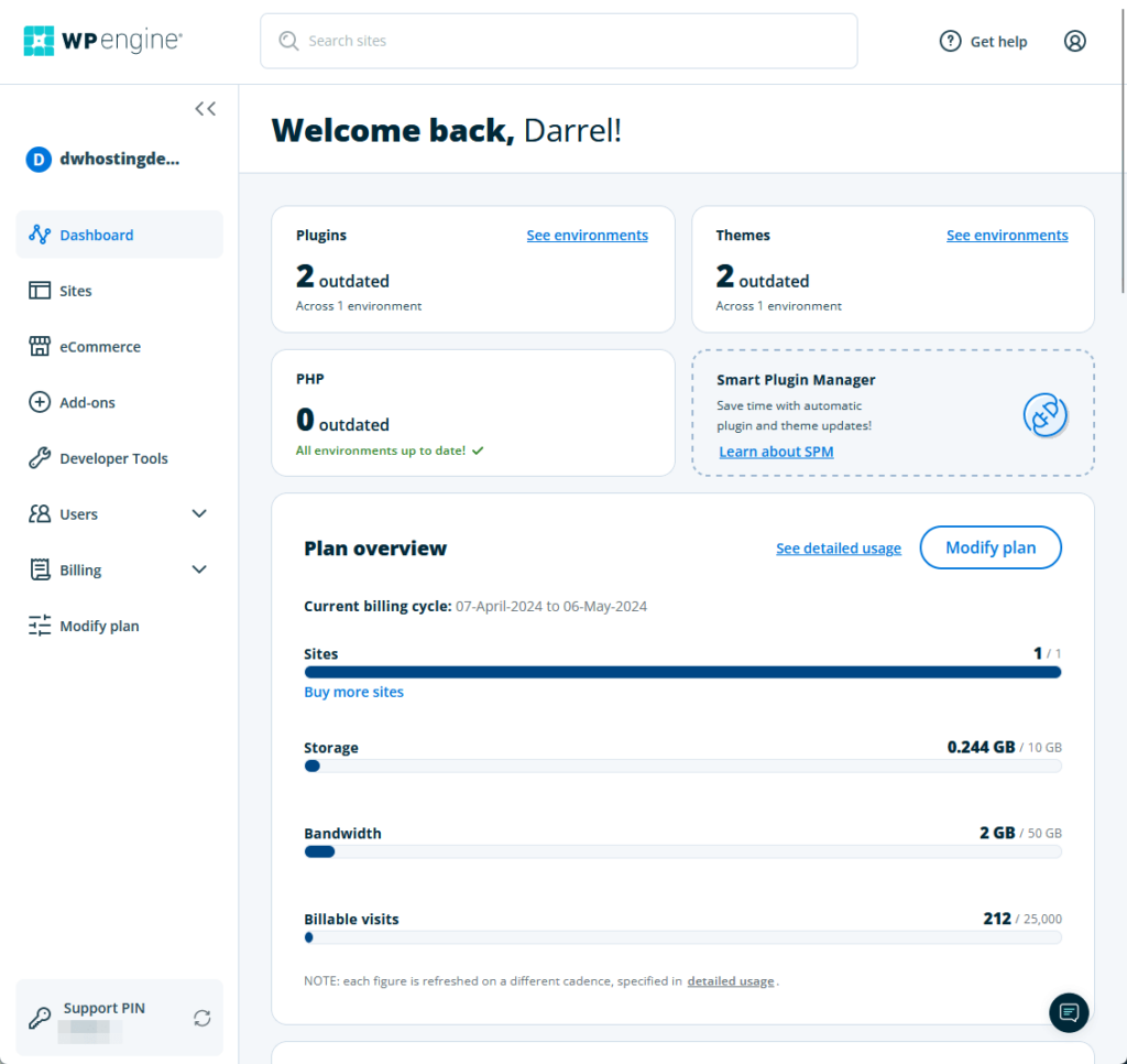 the dashboard welcoming the user back in wp engine