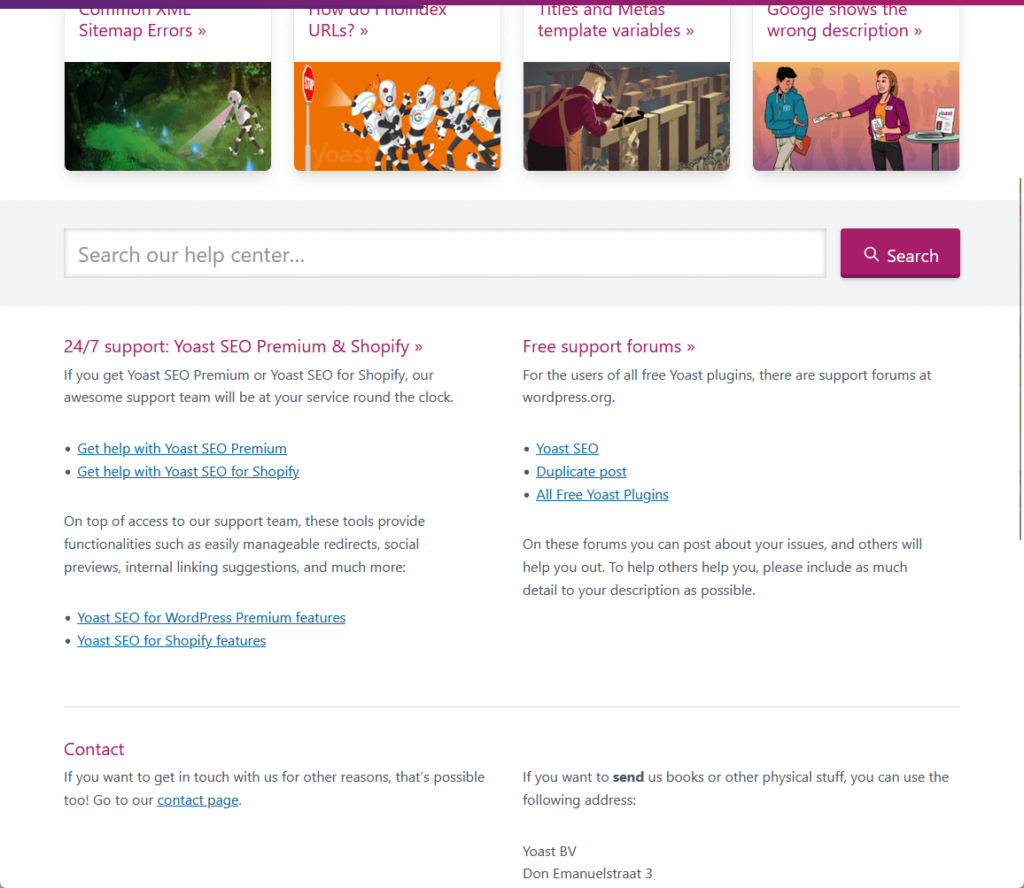 contact and support options found in yoast’s help center