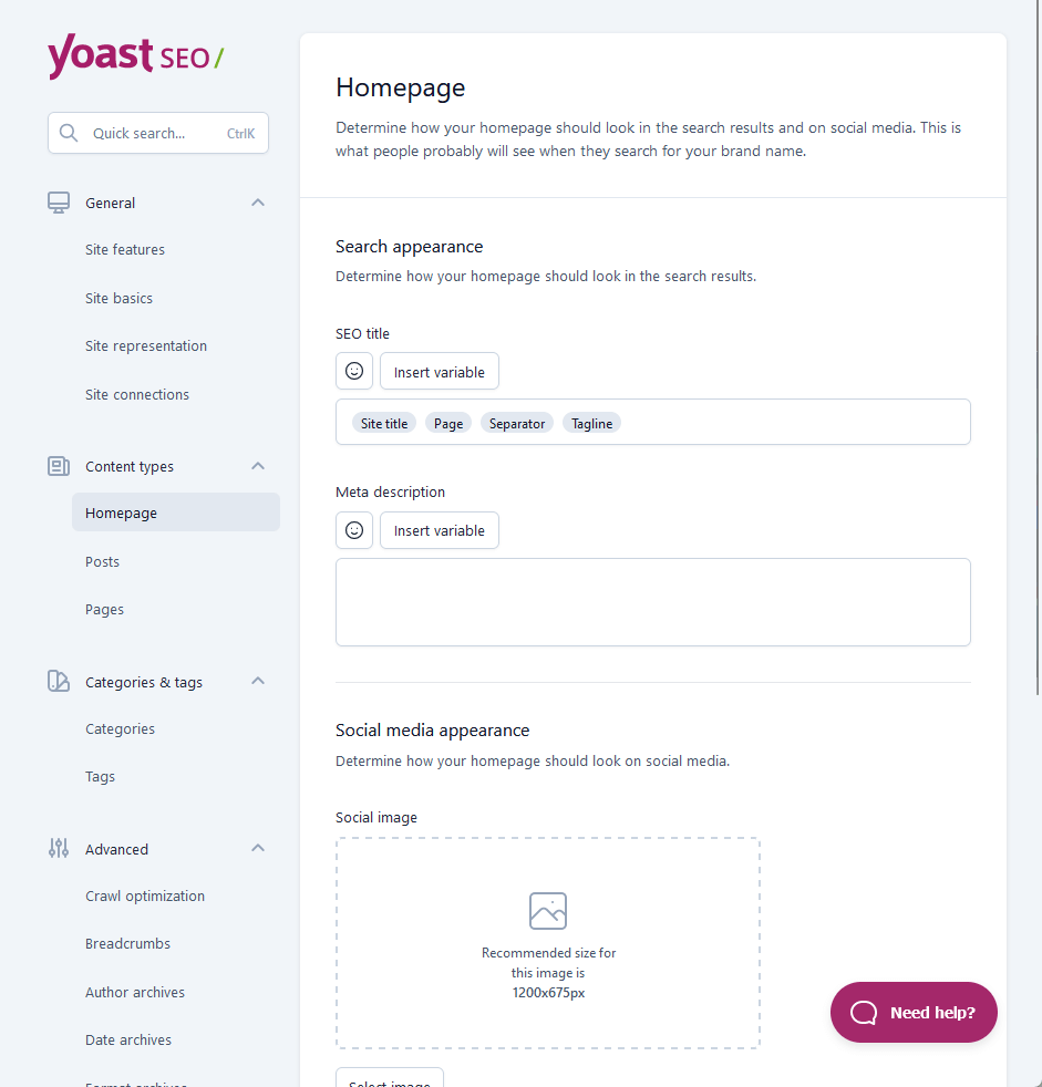 changing the settings for the homepage using yoast seo