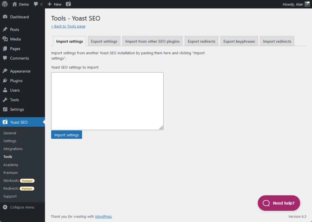 import settings from another yoast seo installation