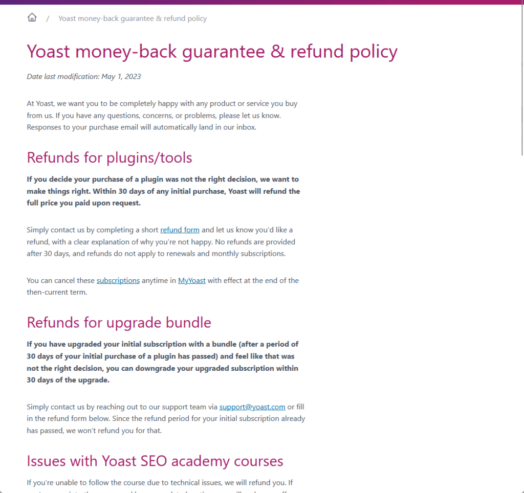 yoast money-back guarantee and refund policy