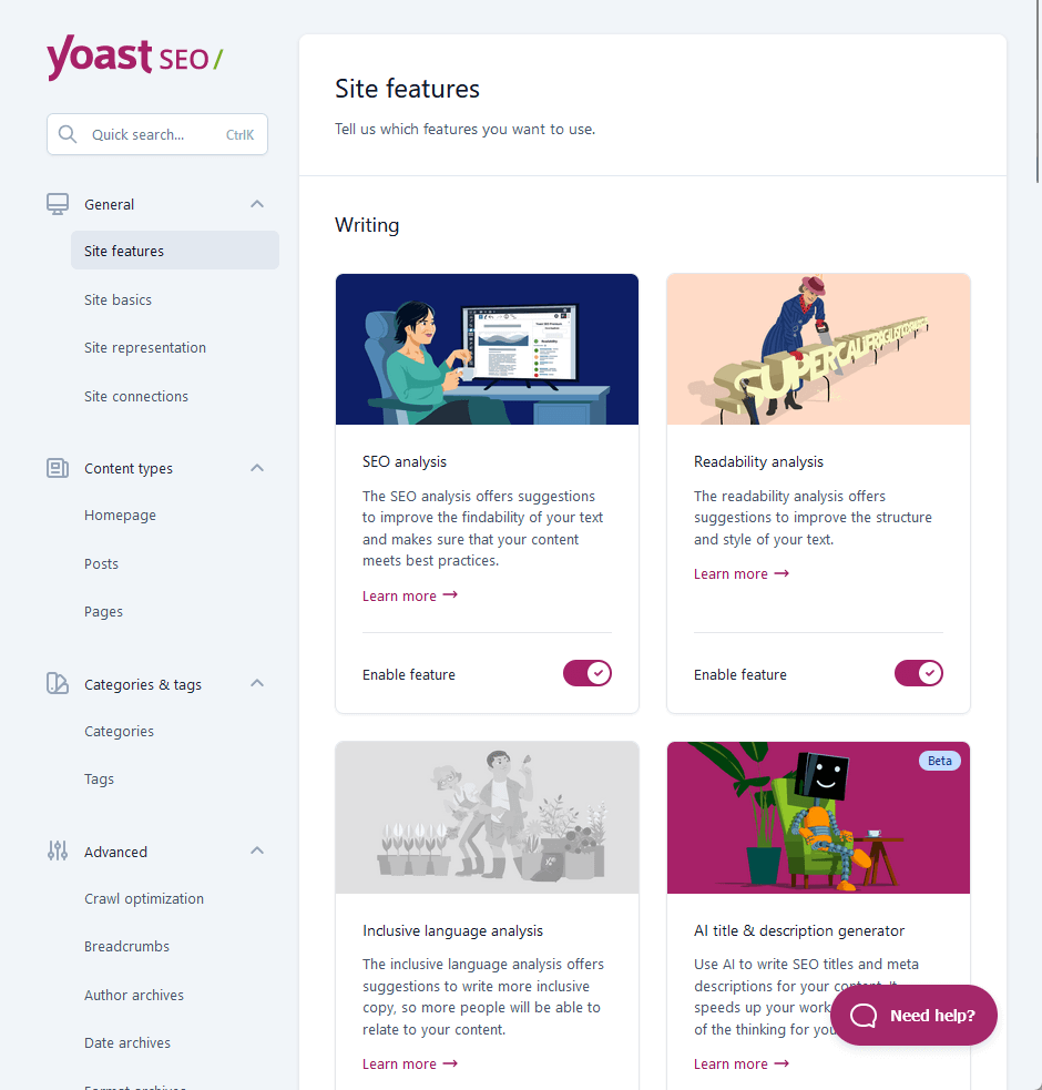 enable and disable various site features available with yoast
