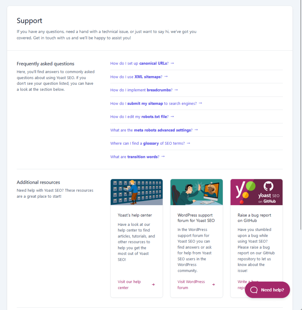 support page of yoast within the plugin settings