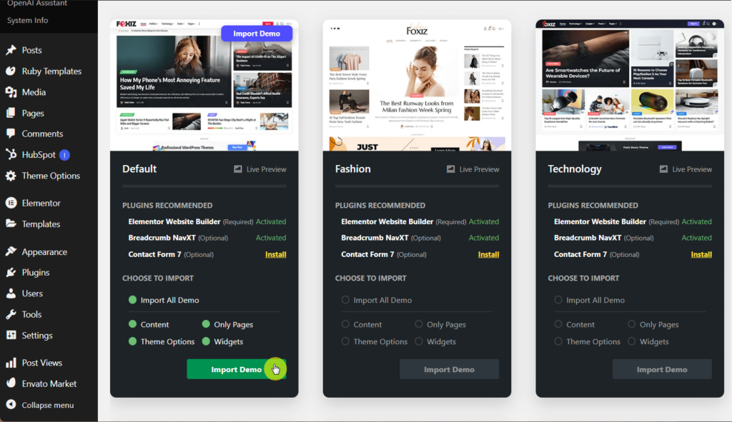 Click import demo button