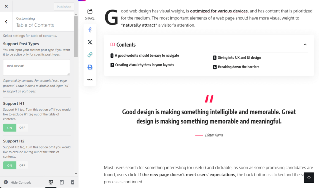 Customize table of content settings