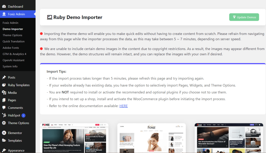 Foxiz demo importer section