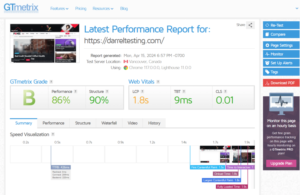 Foxiz theme GTmetrix report one