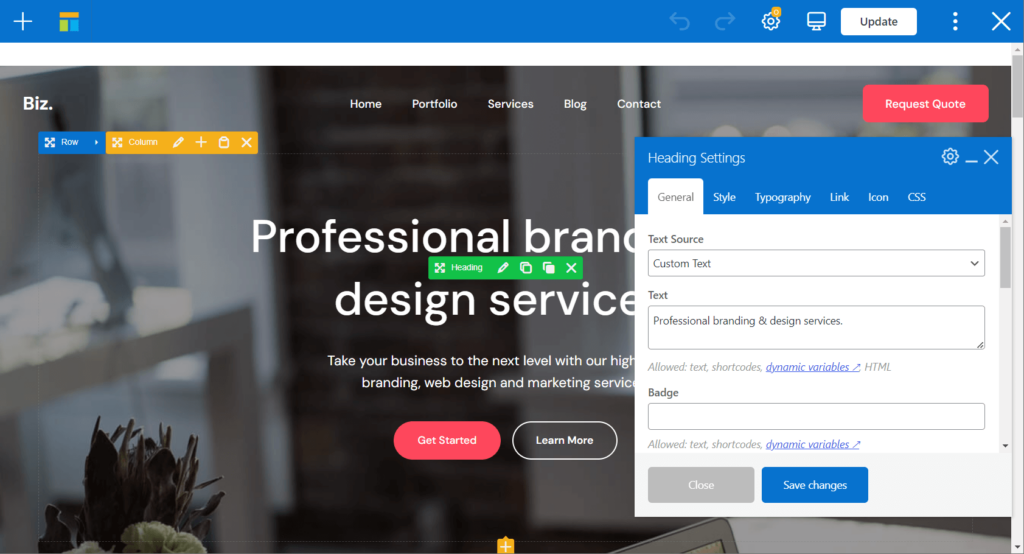 Frontend page builder editor