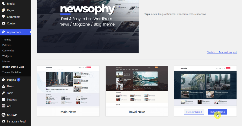 Import Newsophy demo site