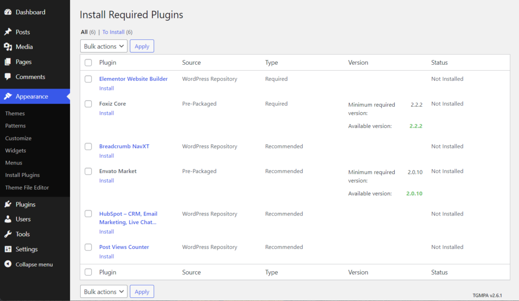 Install Foxiz theme required plugins