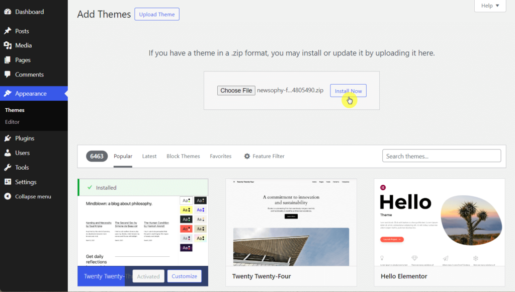 Install Newsophy theme