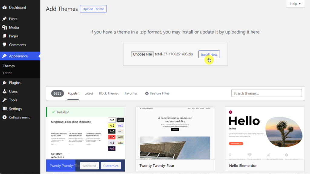 Install Total theme