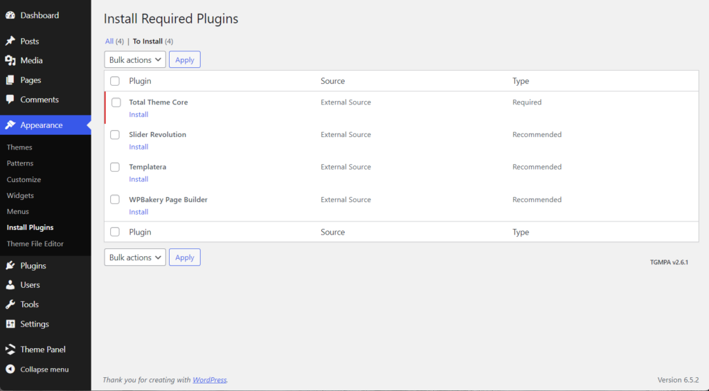 Install Total theme core plugin