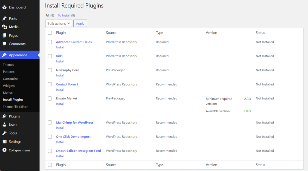 Install required and recommended plugins of Newsophy theme