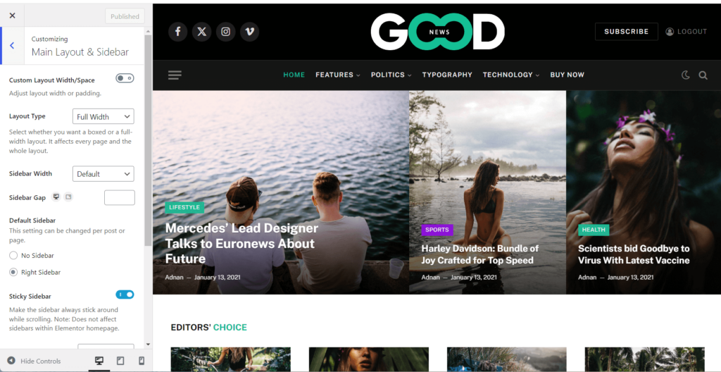 Layout and sidebar settings