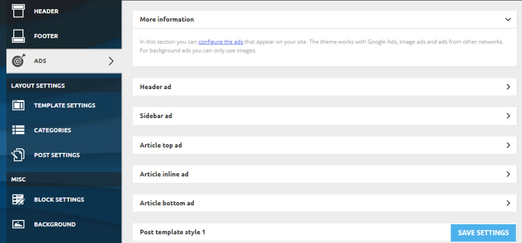 Newsmag ads settings