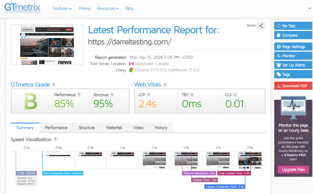 Newsmag theme GTmetrix report one