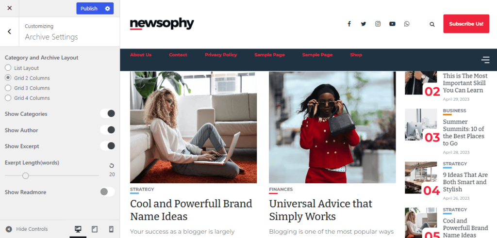Newsophy archive settings