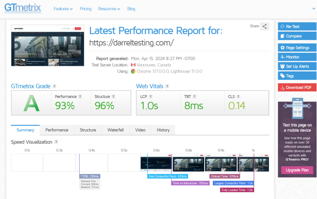 Newsophy Gtmetrix report one