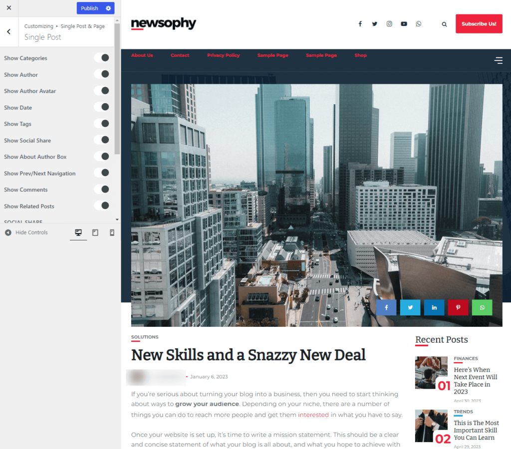 Newsophy single post & page settings