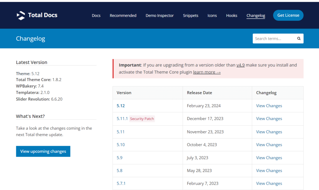 Total theme changelog