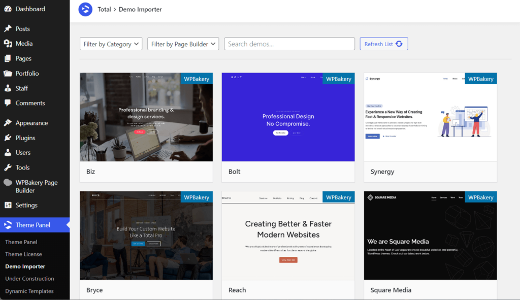 Total theme demo importer area