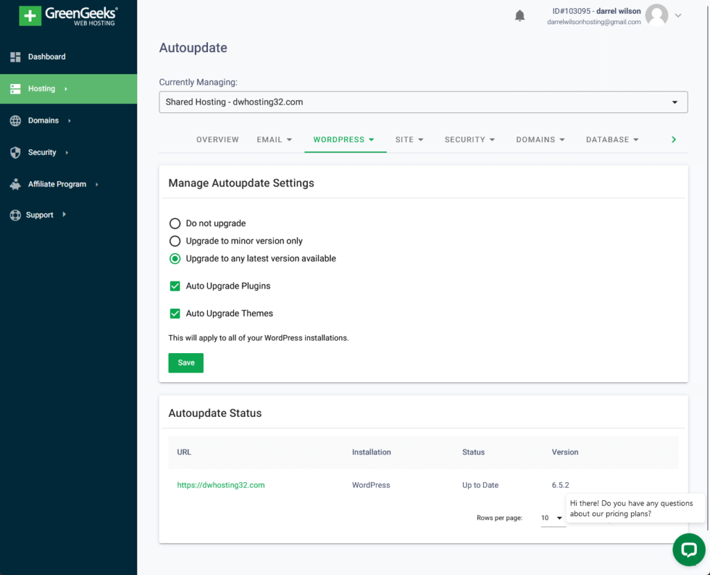 manage autoupdate settings in greengeeks