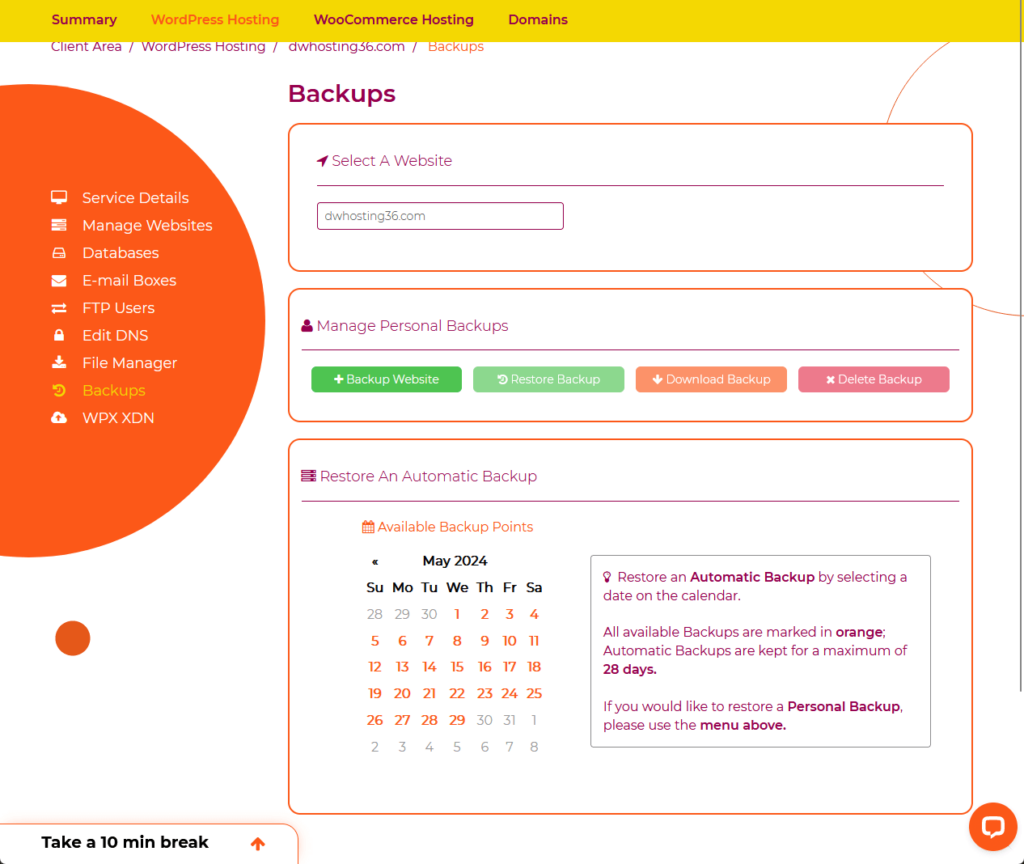 backups in wpx hosting