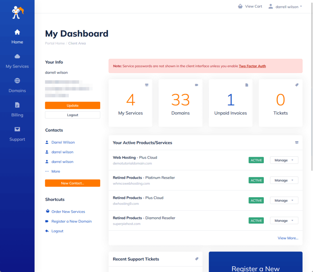 my dashboard client area in namehero