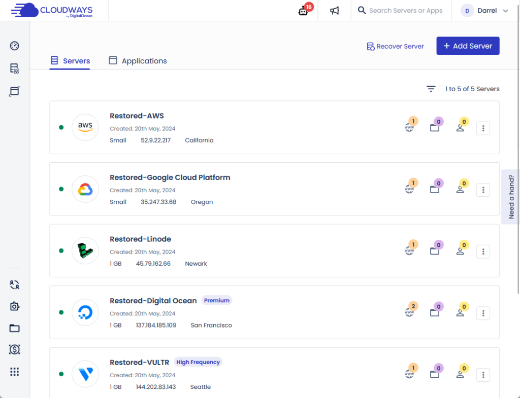 current servers purchased in cloudways