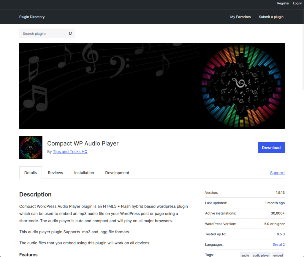Compact WP Audio Player by Tips and Tricks HQ