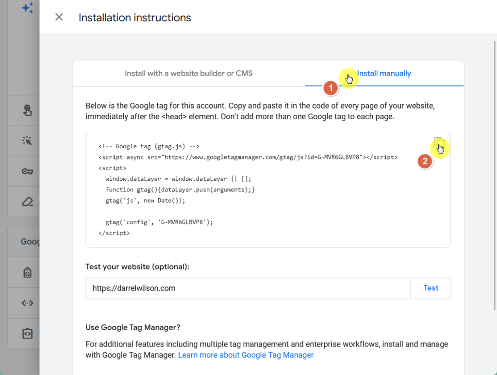 Copy the Google Analytics tag for your account.