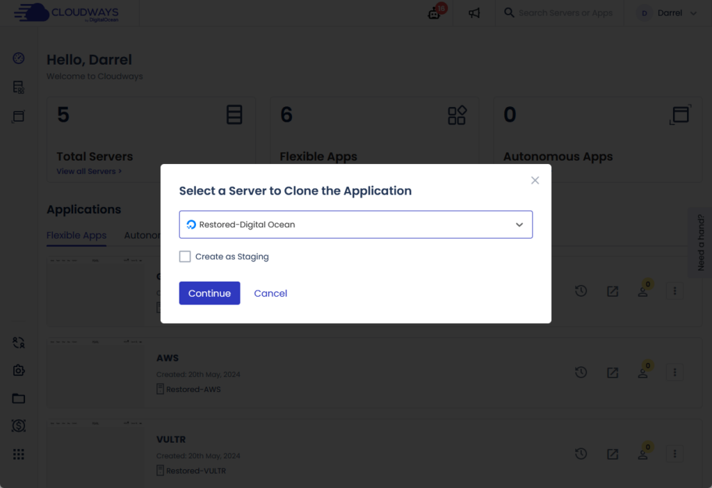 select a server to clone the application