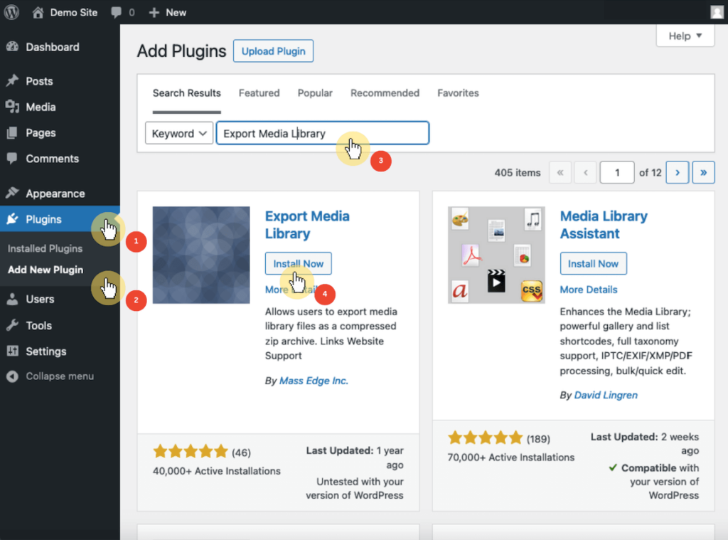 Dashboard Plugins Section, Add New Plugin page, Export Media Library in the search bar