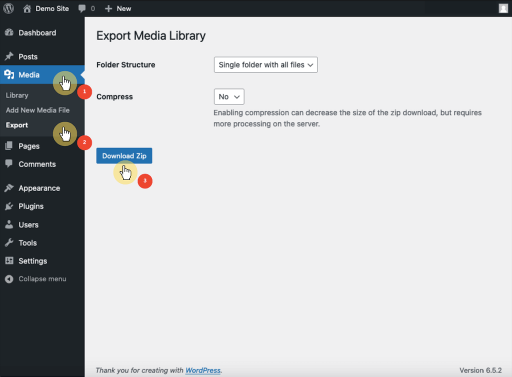 Dashboard Media Section, Export page