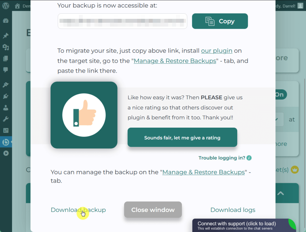 download the backup generated by the backup migration plugin