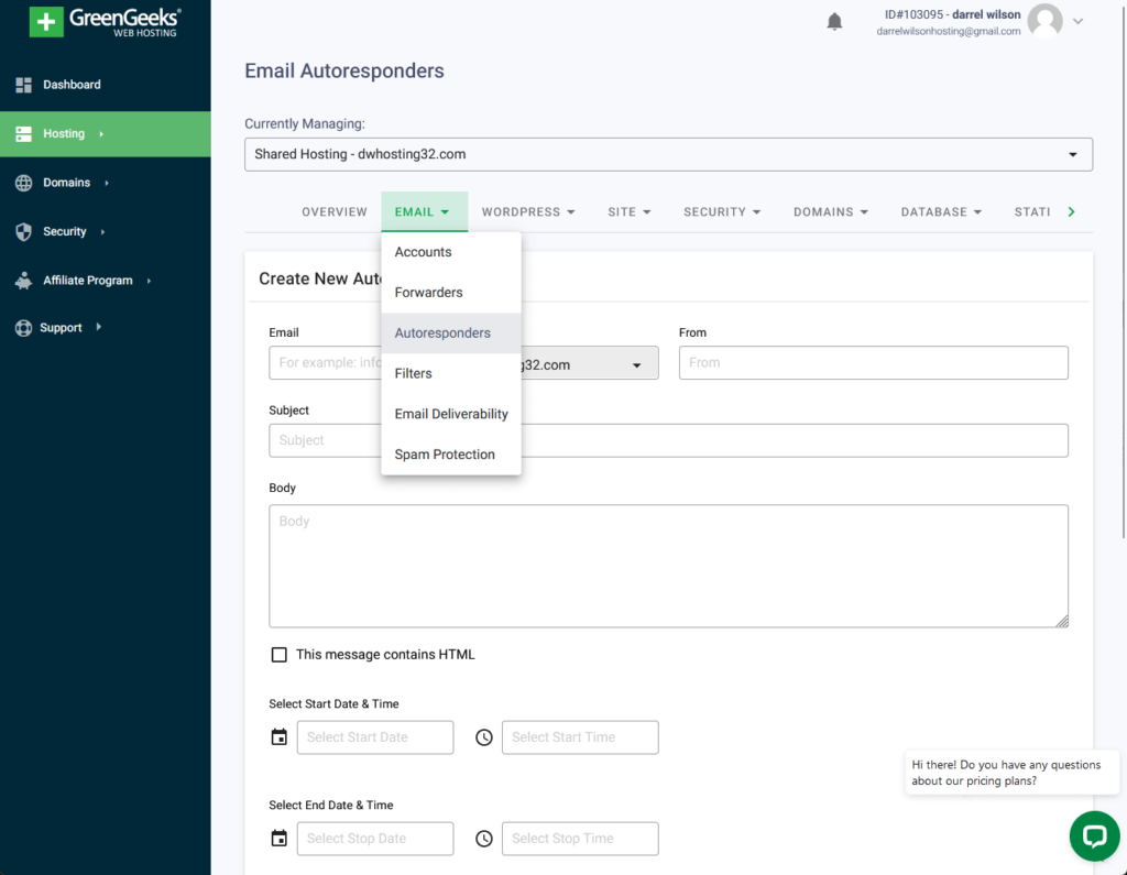 the options for email autoresponders in greengeeks