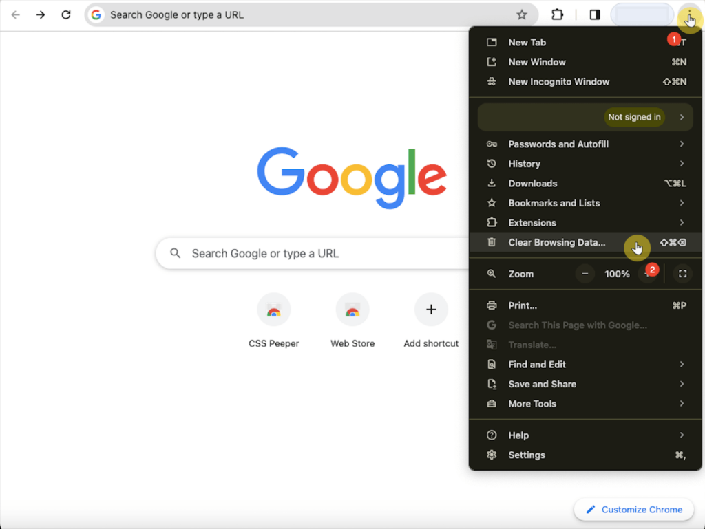 clear the browsing data in google chrome